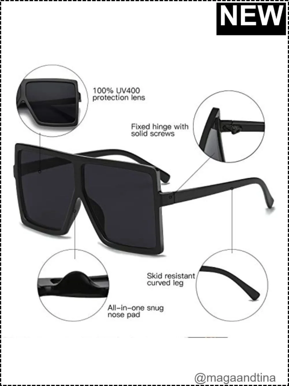 Oversized Square Sunglasses UV400 Protection Polycarbonate Lenses Unisex